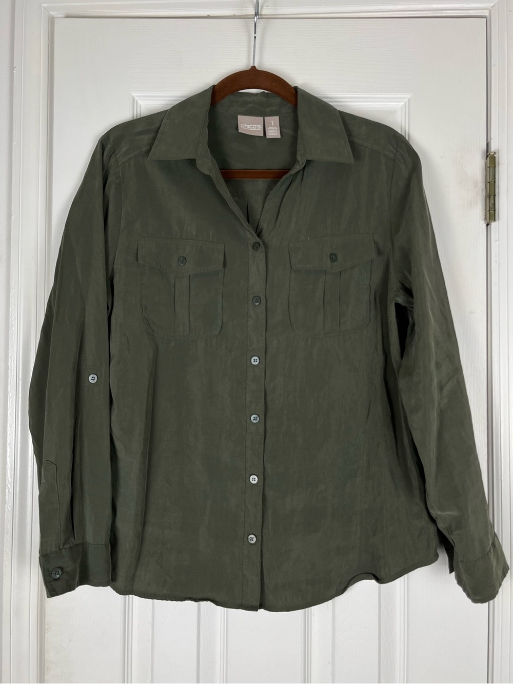 Chico’s Button Up Shirt Olive Green Long Sleeve Modal Blend Soft Sz 1 / M/8